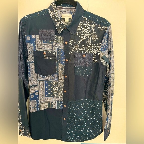 Sun and Stone Other - Navy Blue paisley collared shirt
